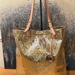 Michael Kors Gold Metallic Signature Logo Large Tote Bag (Authentic)